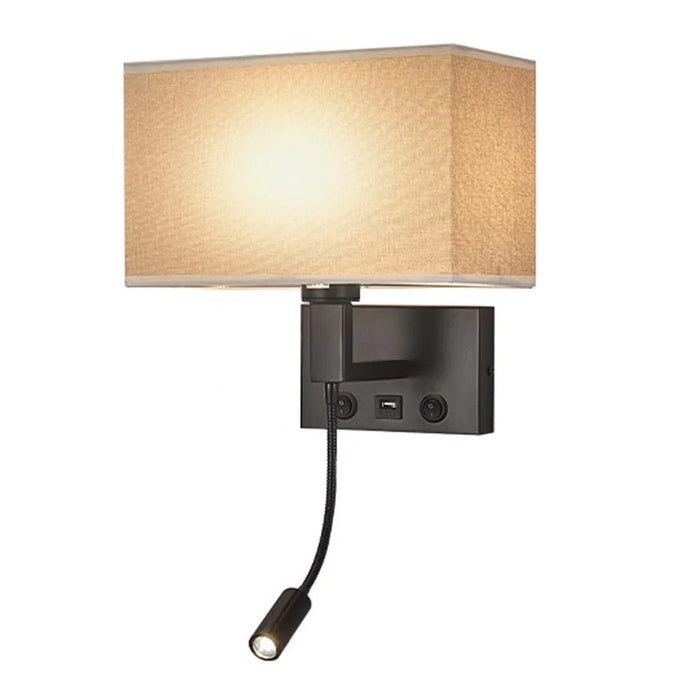 3104 5W Bedside Wall Lamp Corridor LED Reading Light with Gooseneck Spotlight and USB Port - Black / Brown Cover / White Light - 1