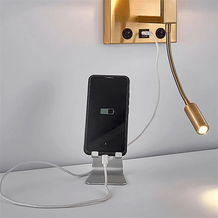 3104 5W Bedside Wall Lamp Corridor LED Reading Light with Gooseneck Spotlight and USB Port - Black / Brown Cover / White Light - 4