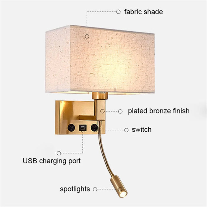 3104 5W Bedside Wall Lamp Corridor LED Reading Light with Gooseneck Spotlight and USB Port - Black / Brown Cover / White Light - 5