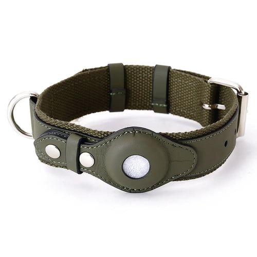 PU Leather+Canvas Anti-Lost Locator Pet Dog Collar for Apple AirTag Tracker Adjustable Pet Collar ST, Size S - Blackish Green - 1