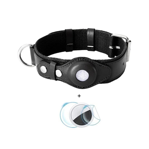 PU+Suede Leather Pet Collar Compatible with Apple AirTag Holder Anti-lost Dog Cat Tracker Locator, Size: S - Black - 1