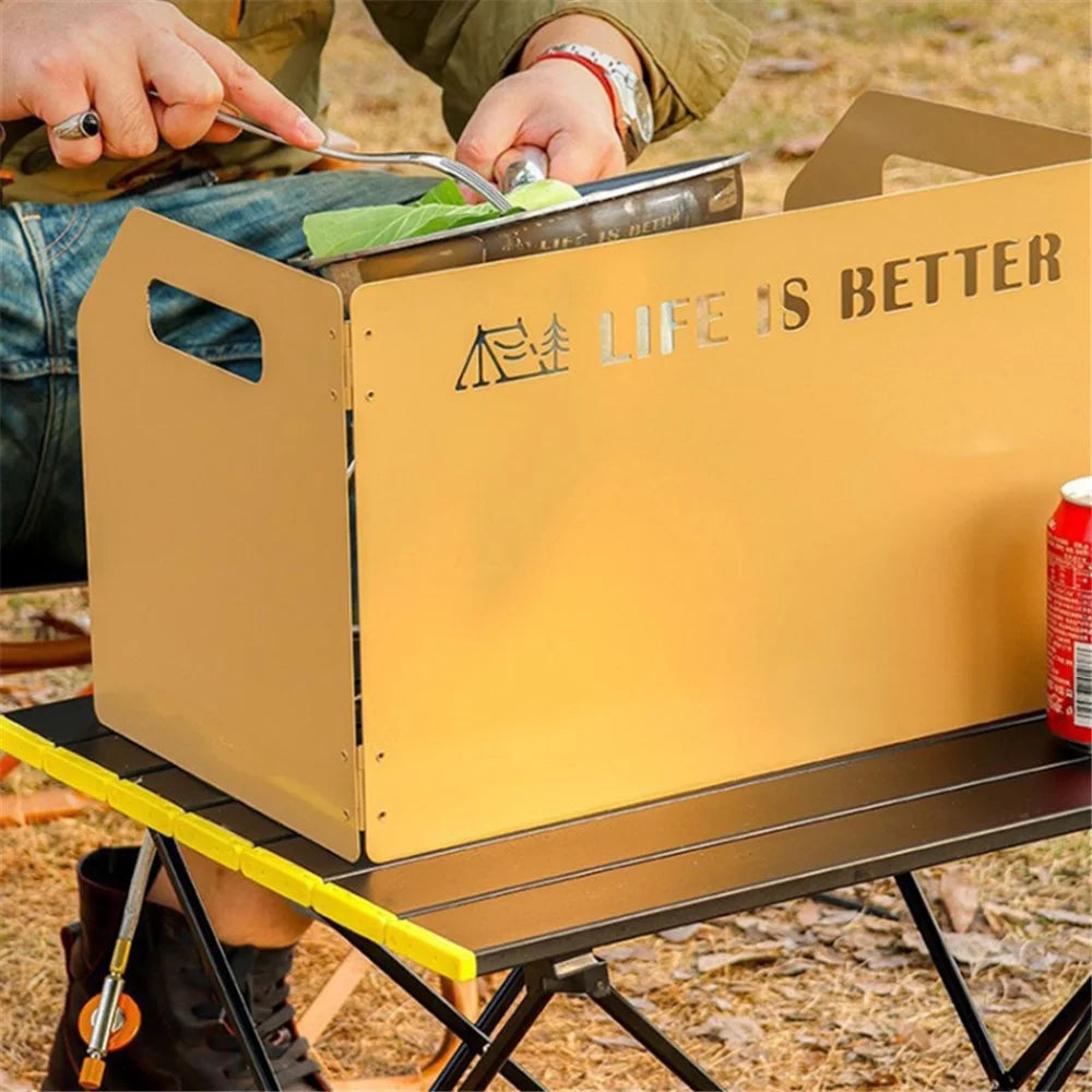 Camping Stove Foldable Windshield Tri-fold Plate Burner Wind Screen for Hiking - Khaki - 2