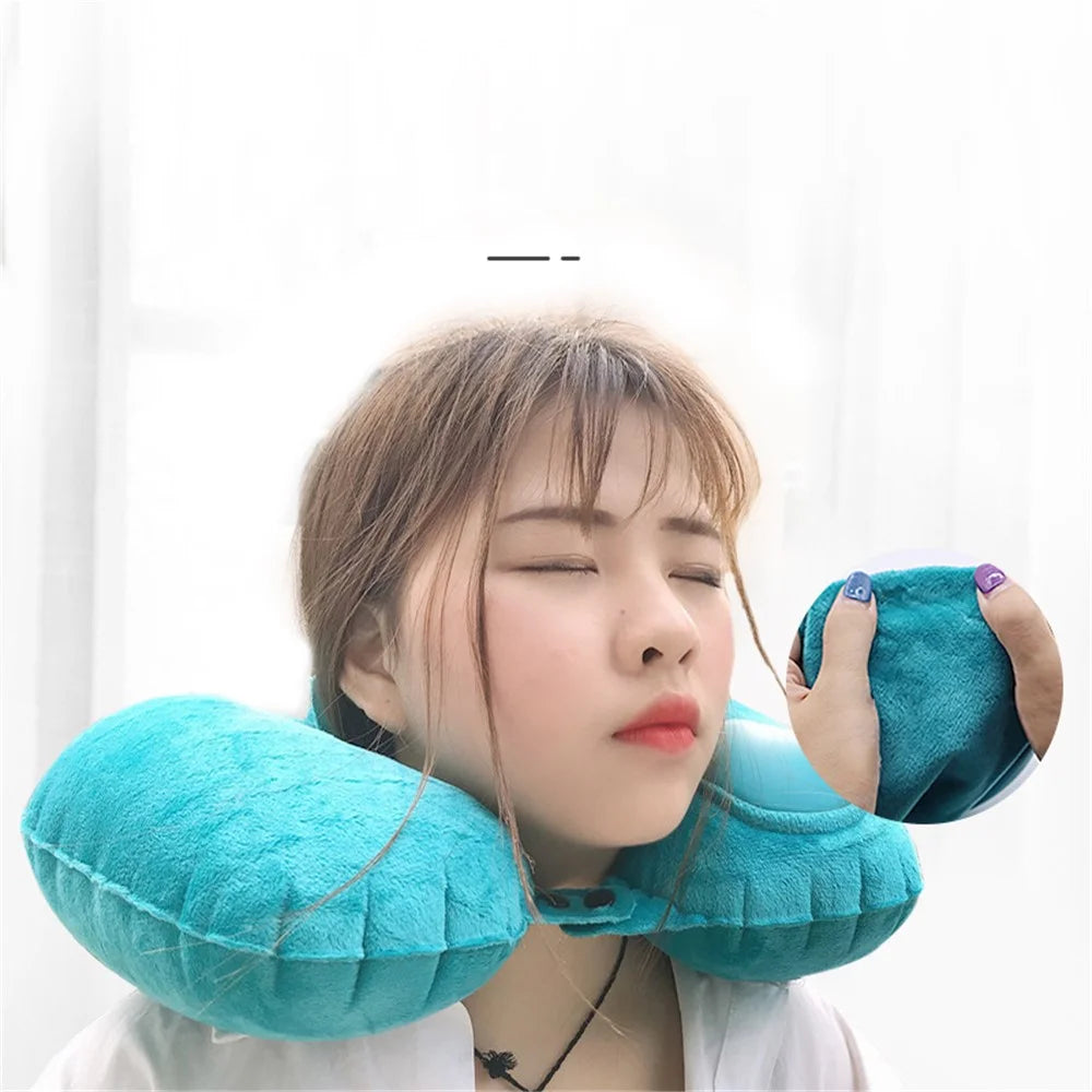 PICTET.FINO RH80 U-Shape Portable Press Inflatable Pillow Camping Travel Nap Neck Cushion with Storage Bag - Blue - 3
