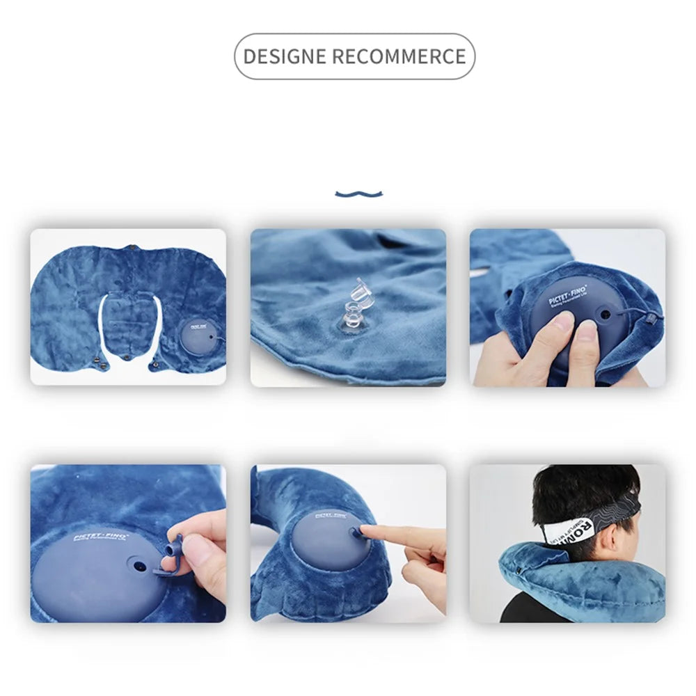 PICTET.FINO RH80 U-Shape Portable Press Inflatable Pillow Camping Travel Nap Neck Cushion with Storage Bag - Blue - 6