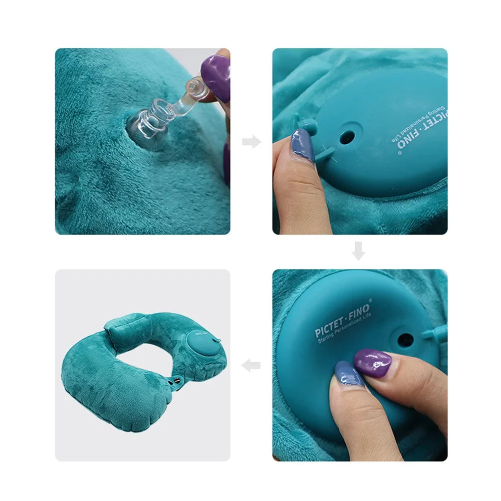PICTET.FINO RH80 U-Shape Portable Press Inflatable Pillow Camping Travel Nap Neck Cushion with Storage Bag - Blue - 7