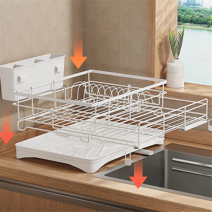 Retractable Kitchen Dish Bowl Drain Rack Carbon Steel Countertop Sink Storage Rack - White - 2