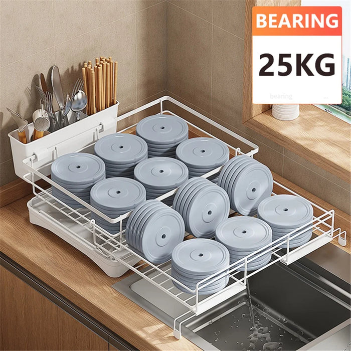 Retractable Kitchen Dish Bowl Drain Rack Carbon Steel Countertop Sink Storage Rack - White - 3