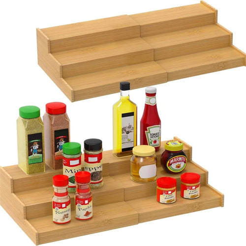 3-Tier Spice Organizer Rack Natural Bamboo Expandable Kitchen Storage Shelf - 1