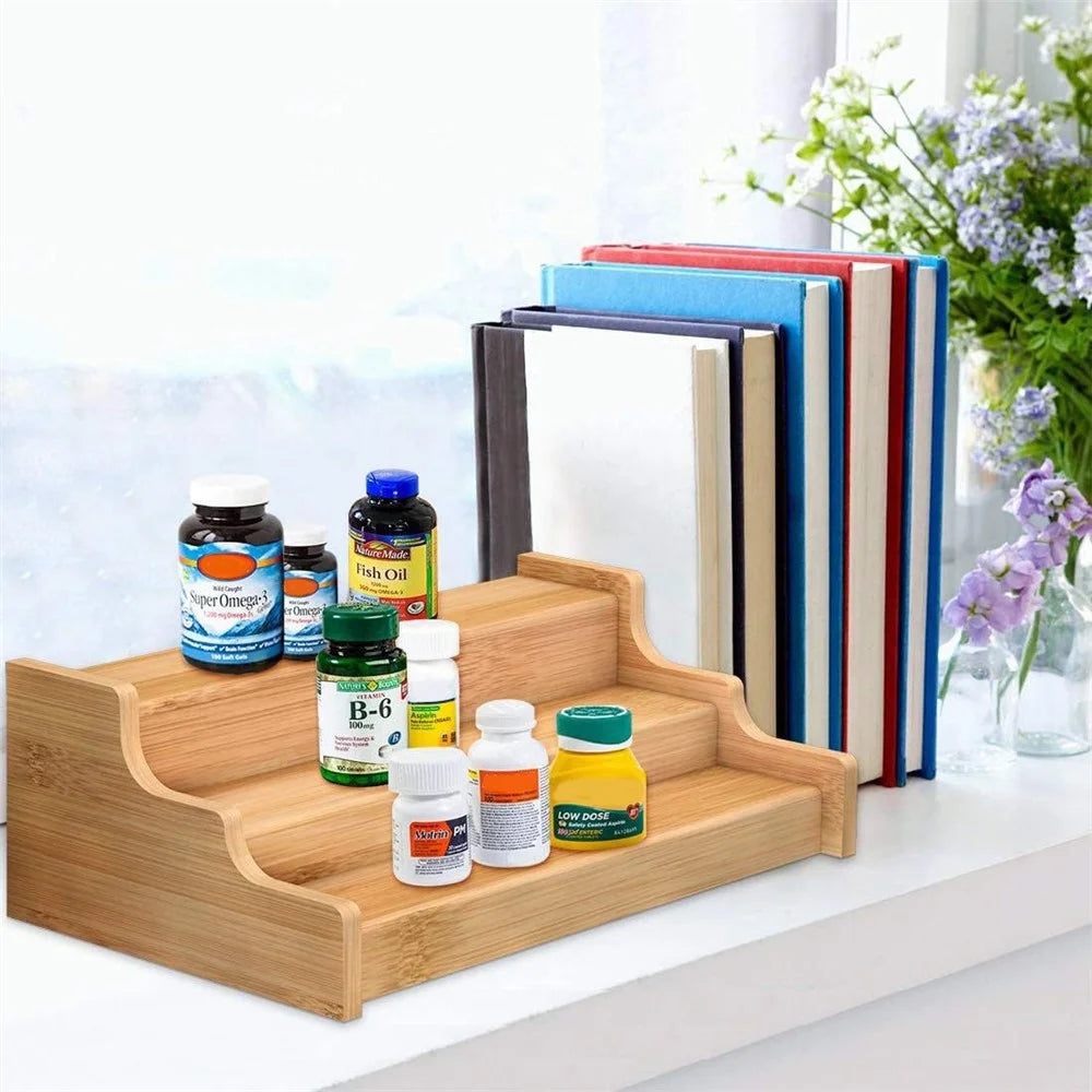 3-Tier Spice Organizer Rack Natural Bamboo Expandable Kitchen Storage Shelf - 2
