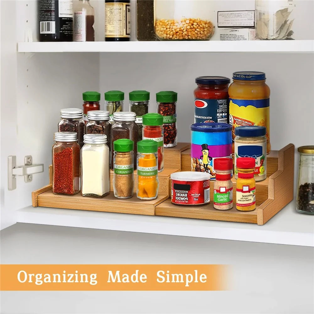 3-Tier Spice Organizer Rack Natural Bamboo Expandable Kitchen Storage Shelf - 3