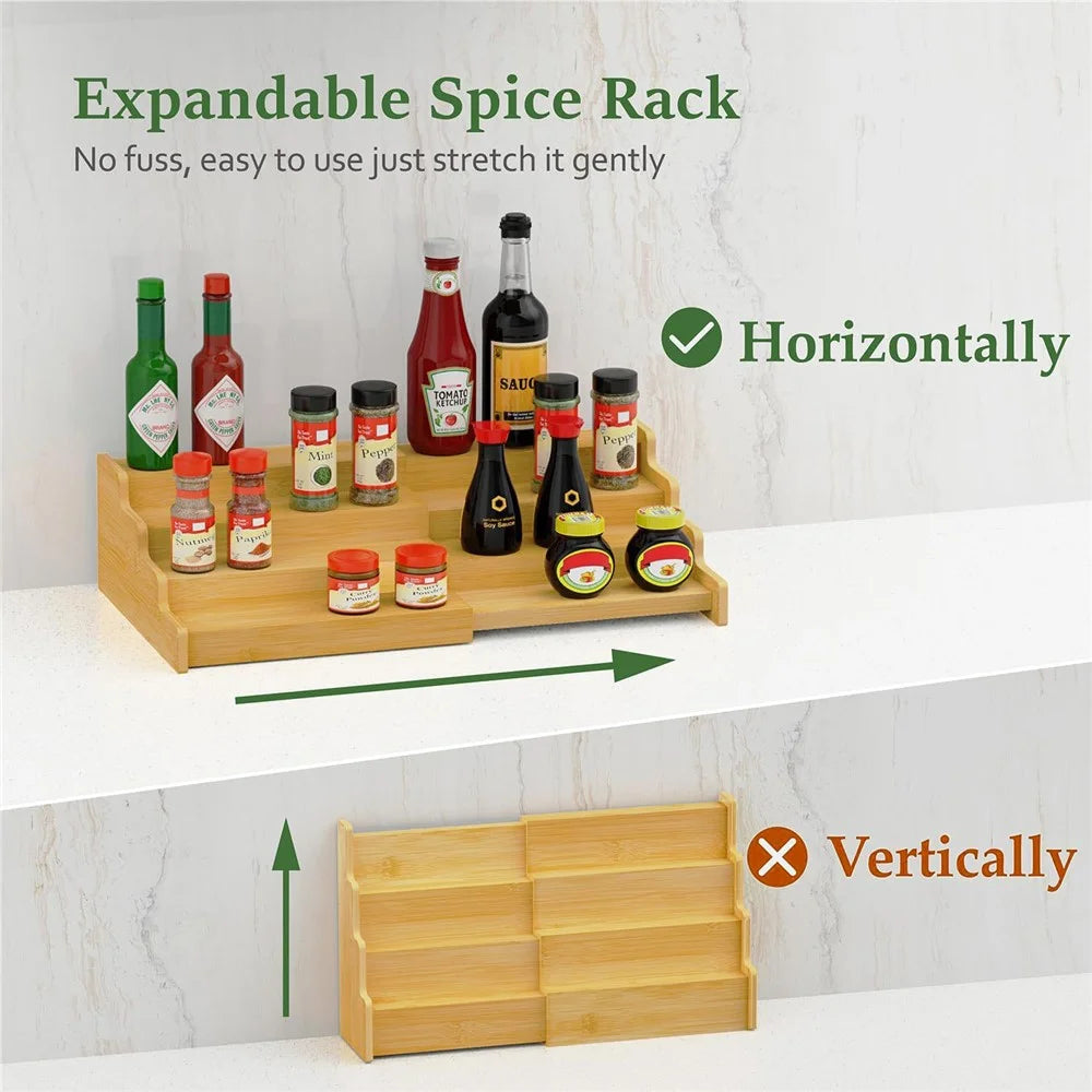 3-Tier Spice Organizer Rack Natural Bamboo Expandable Kitchen Storage Shelf - 4