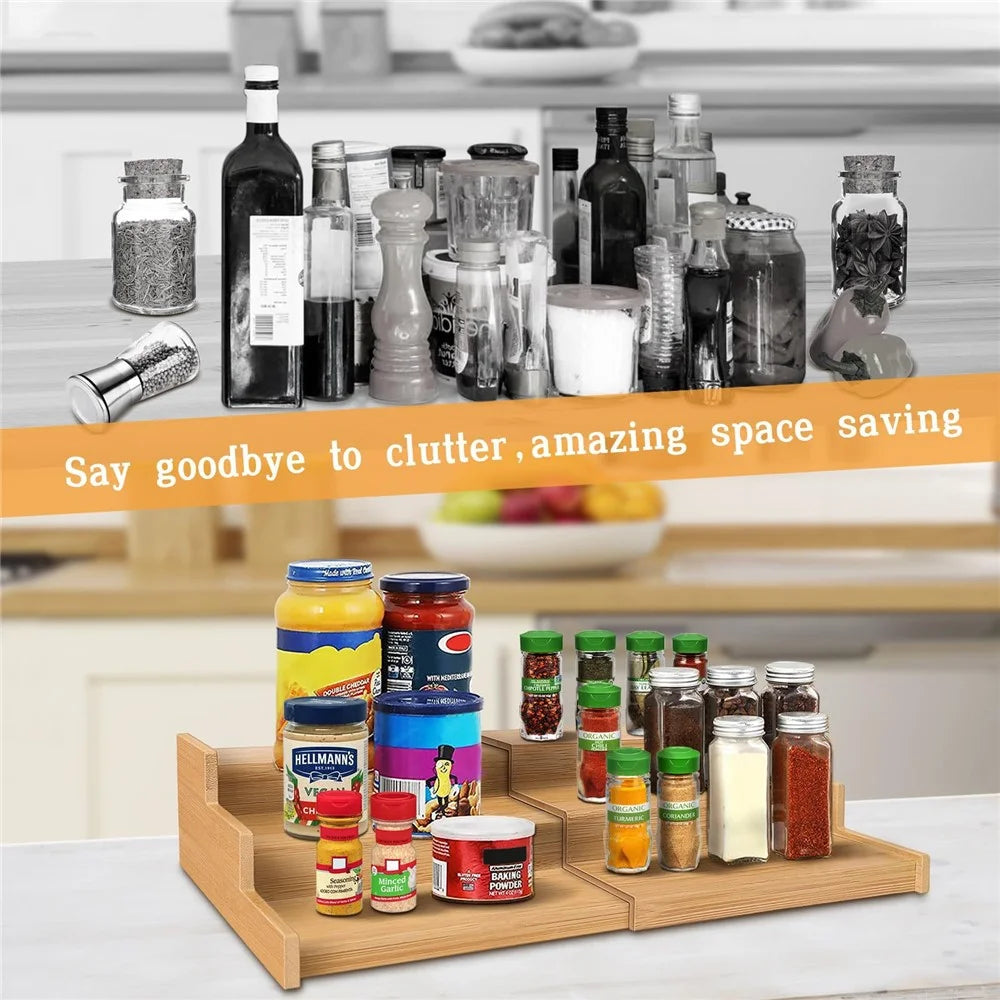 3-Tier Spice Organizer Rack Natural Bamboo Expandable Kitchen Storage Shelf - 5