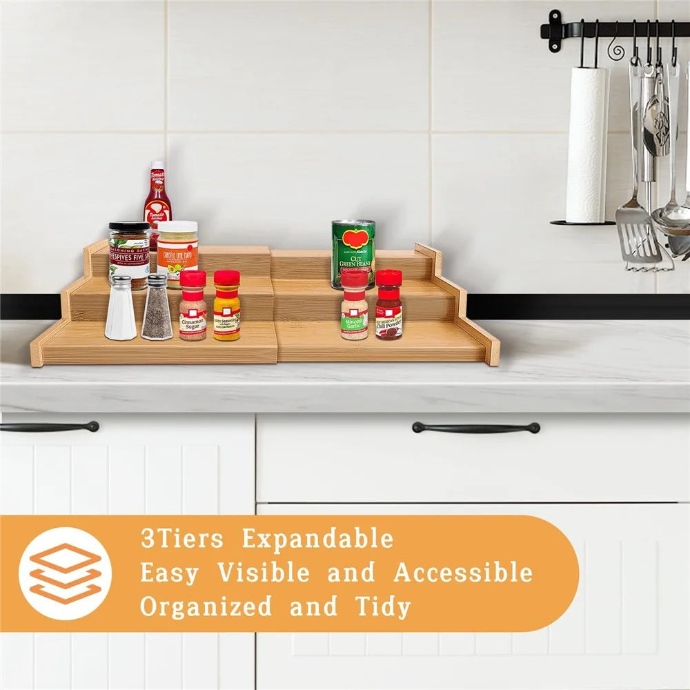 3-Tier Spice Organizer Rack Natural Bamboo Expandable Kitchen Storage Shelf - 7