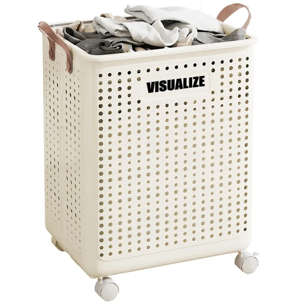 VISUALIZE Hollow Design Foldable Laundry Basket Dirty Clothes Storage Cart with Handles and Wheels, Size L - Cream White - 1