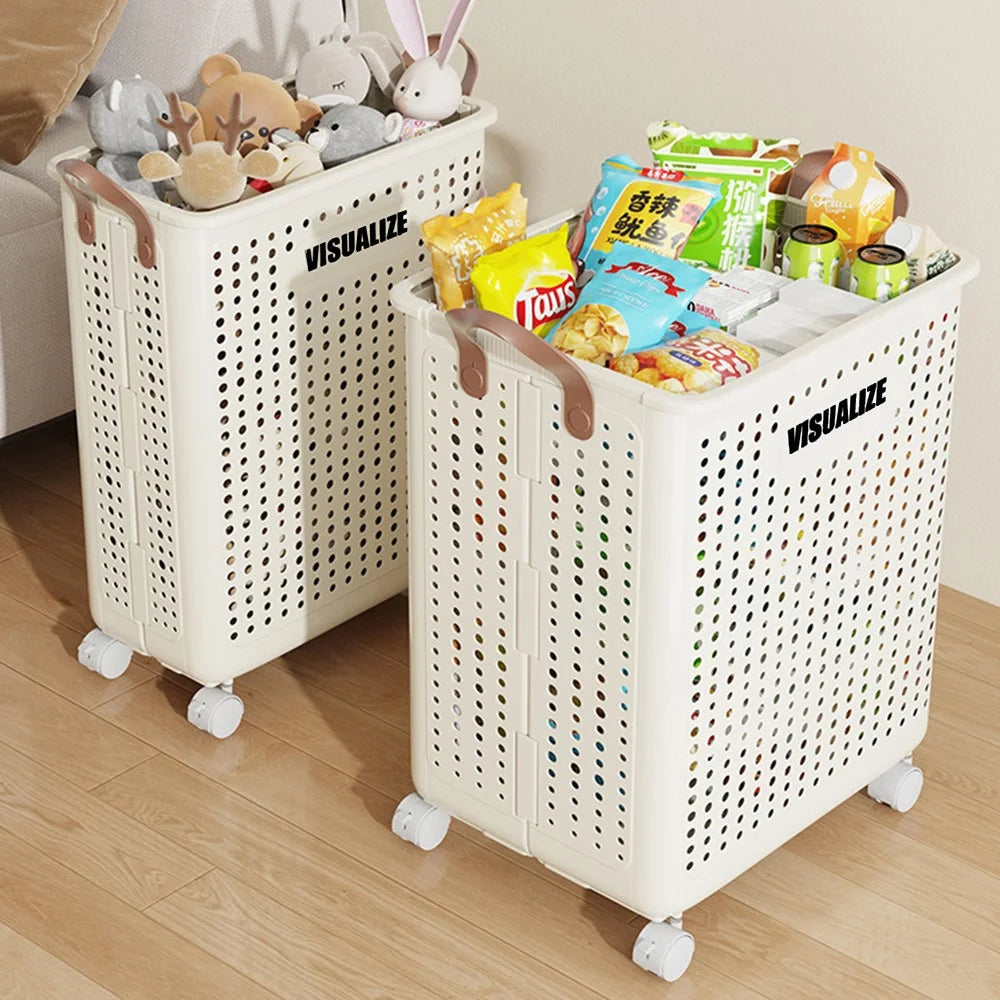 VISUALIZE Hollow Design Foldable Laundry Basket Dirty Clothes Storage Cart with Handles and Wheels, Size L - Cream White - 6