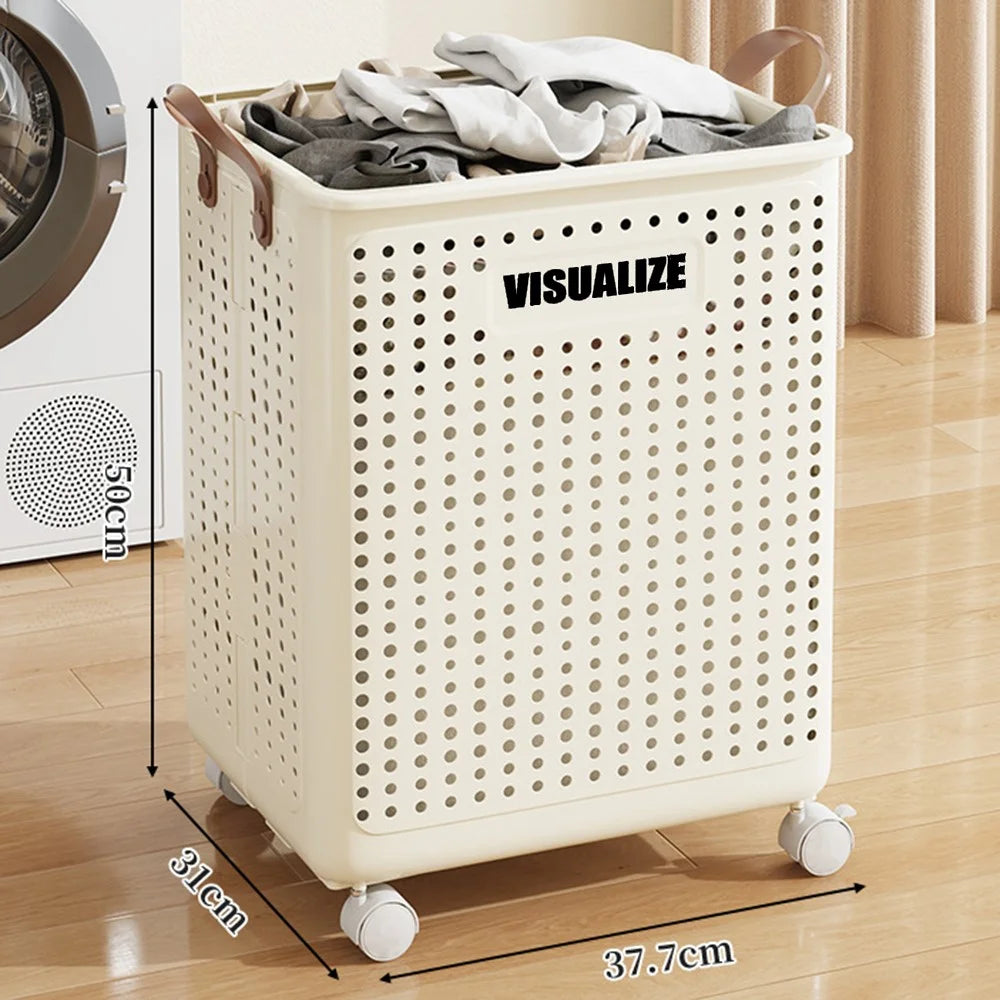 VISUALIZE Hollow Design Foldable Laundry Basket Dirty Clothes Storage Cart with Handles and Wheels, Size L - Cream White - 7