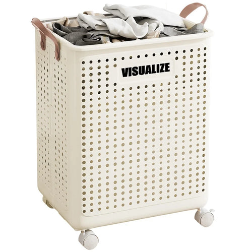 VISUALIZE Hollow Design Foldable Laundry Basket Dirty Clothes Storage Cart with Handles and Wheels, Size M - Cream White - 1