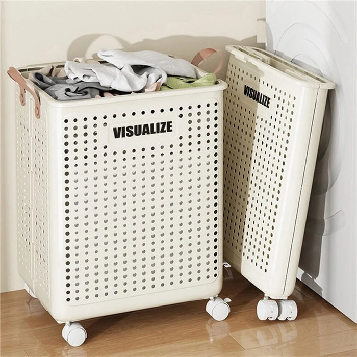 VISUALIZE Hollow Design Foldable Laundry Basket Dirty Clothes Storage Cart with Handles and Wheels, Size M - Cream White - 4