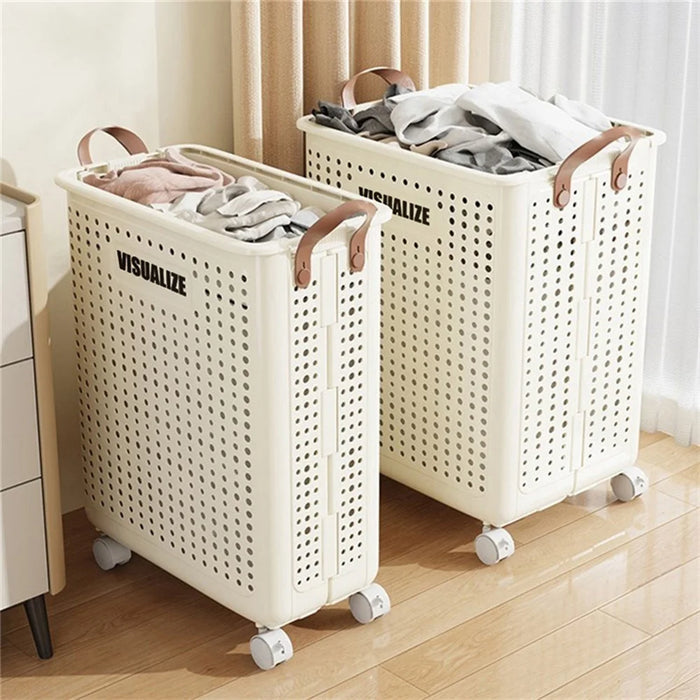 VISUALIZE Hollow Design Foldable Laundry Basket Dirty Clothes Storage Cart with Handles and Wheels, Size M - Cream White - 5