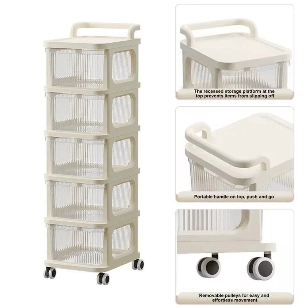 5 Layers Transparent PP Pull Out Drawer Storage Cart Sundries Rack with Wheels - 2