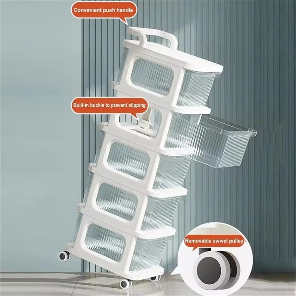 5 Layers Transparent PP Pull Out Drawer Storage Cart Sundries Rack with Wheels - 4