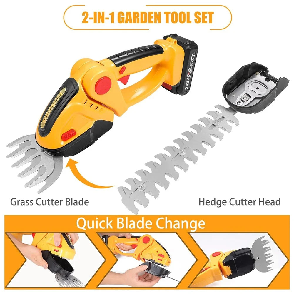 20000RPM 2-in-1 Electric Grass Hedge Trimmer Handheld Garden Pruner Tool, 1 Battery - EU Plug / Yellow - 2