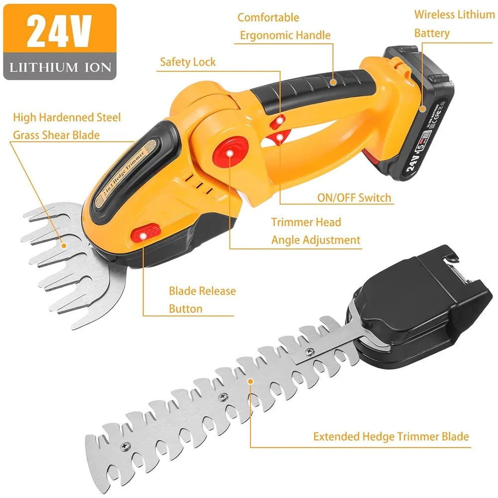 20000RPM 2-in-1 Electric Grass Hedge Trimmer Handheld Garden Pruner Tool, 1 Battery - EU Plug / Yellow - 5