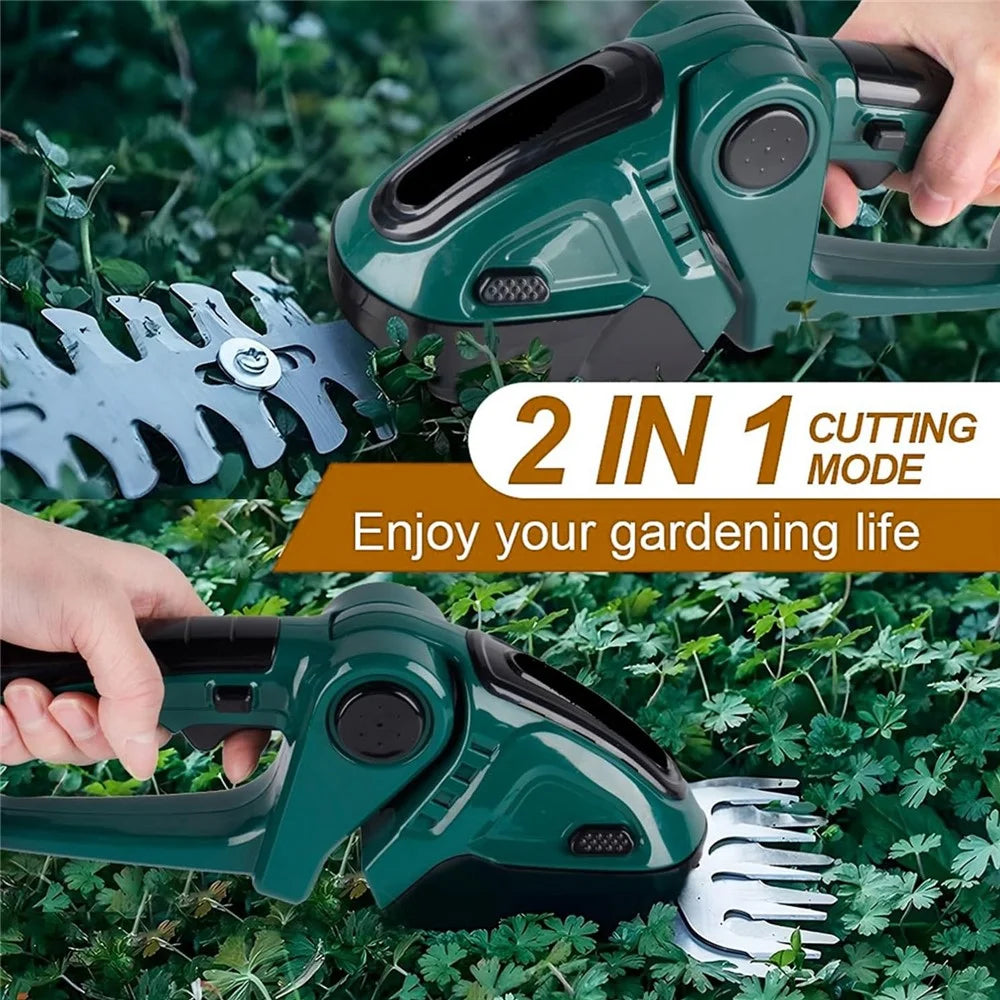 20000RPM 2-in-1 Electric Grass Hedge Trimmer Handheld Garden Shrub Lawn Shearing Tool, 2 Batteries - EU Plug / Green - 2
