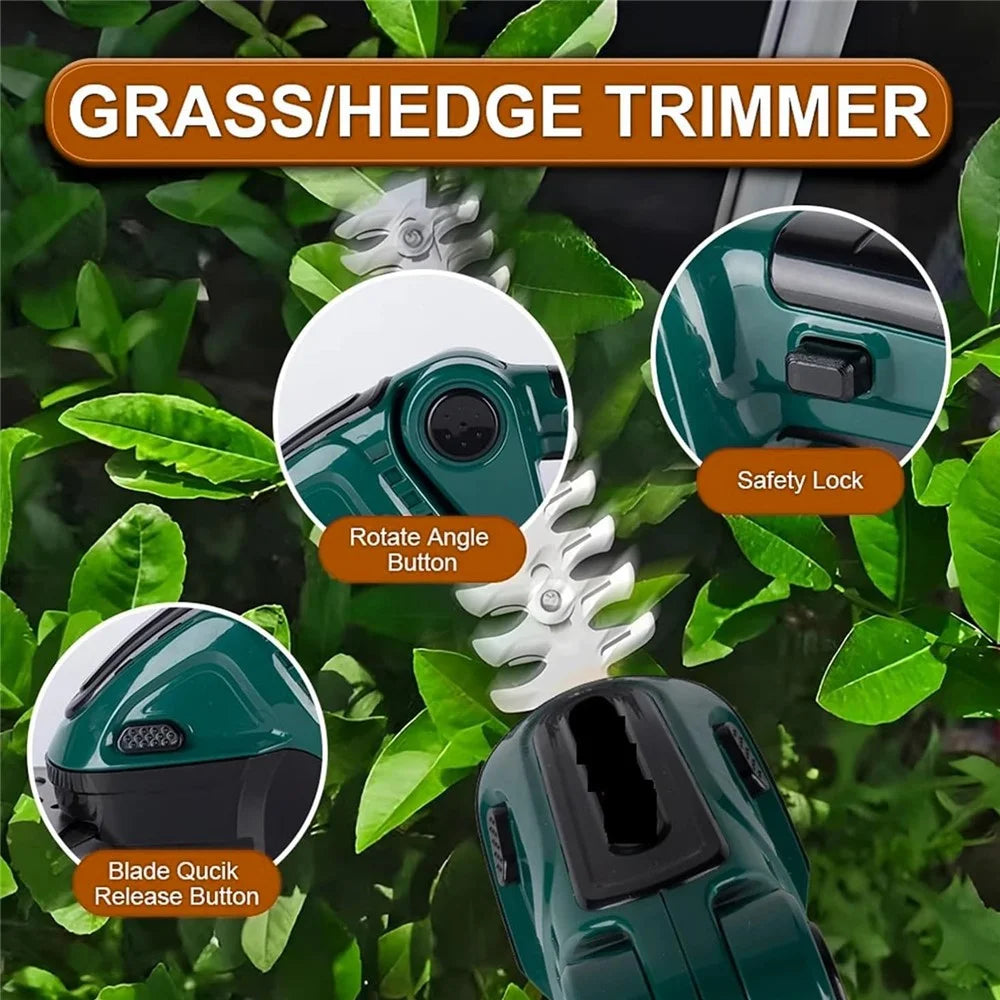 20000RPM 2-in-1 Electric Grass Hedge Trimmer Handheld Garden Shrub Lawn Shearing Tool, 2 Batteries - EU Plug / Green - 3