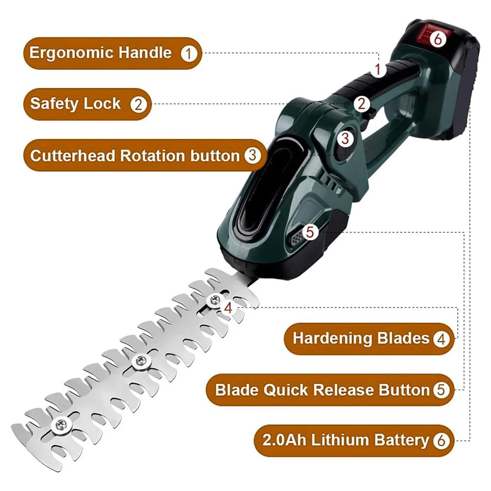 20000RPM 2-in-1 Electric Grass Hedge Trimmer Handheld Garden Shrub Lawn Shearing Tool, 2 Batteries - EU Plug / Green - 4