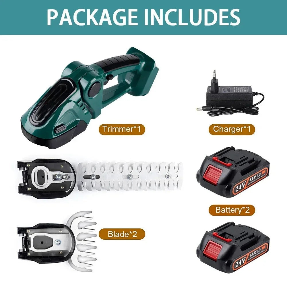 20000RPM 2-in-1 Electric Grass Hedge Trimmer Handheld Garden Shrub Lawn Shearing Tool, 2 Batteries - EU Plug / Green - 6