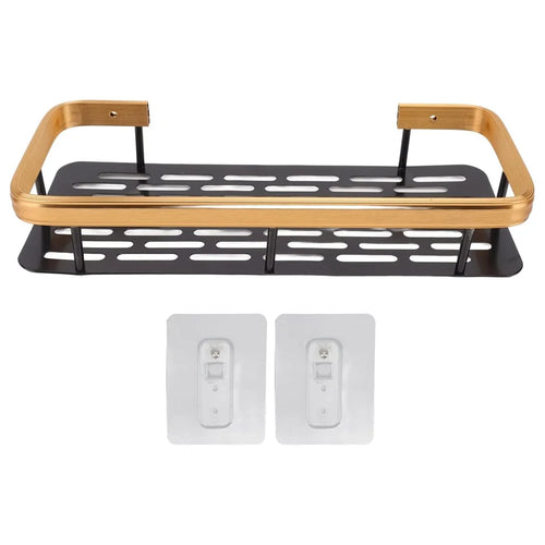 Punch-Free Aluminum Storage Rack Bathroom Organization Shelf, Wide Edge Single Layer Rectangular - Black+Gold - 1