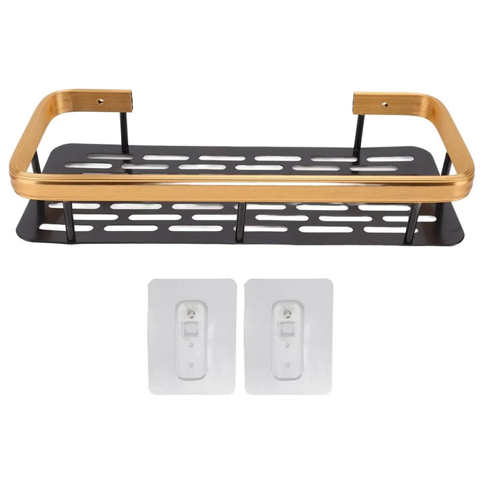 Punch-Free Aluminum Storage Rack Bathroom Organization Shelf, Wide Edge Single Layer Rectangular - Black+Gold - 1