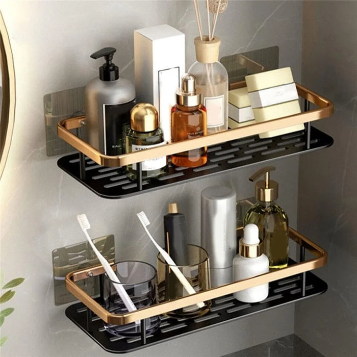 Punch-Free Aluminum Storage Rack Bathroom Organization Shelf, Wide Edge Single Layer Rectangular - Black+Gold - 2