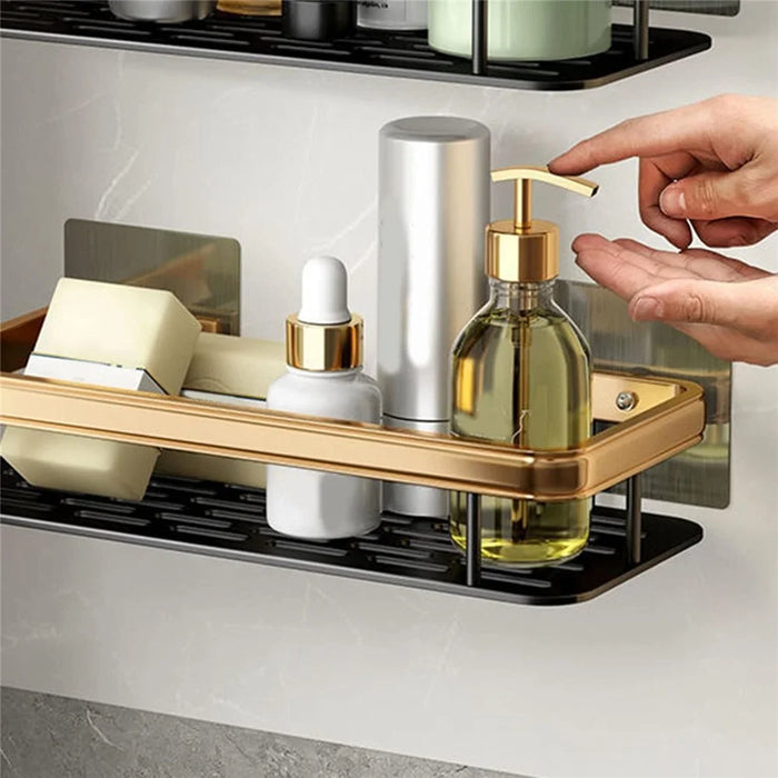 Punch-Free Aluminum Storage Rack Bathroom Organization Shelf, Wide Edge Single Layer Rectangular - Black+Gold - 3