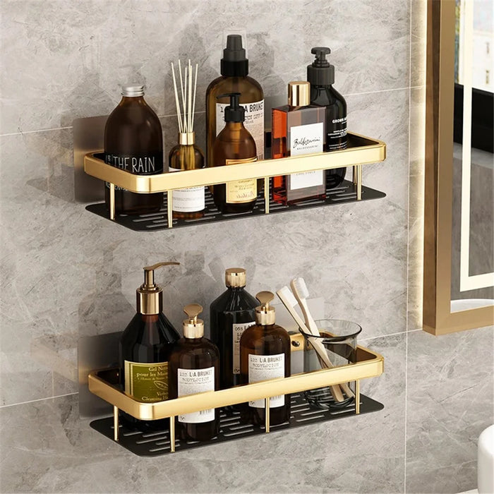 Punch-Free Aluminum Storage Rack Bathroom Organization Shelf, Wide Edge Single Layer Rectangular - Black+Gold - 5