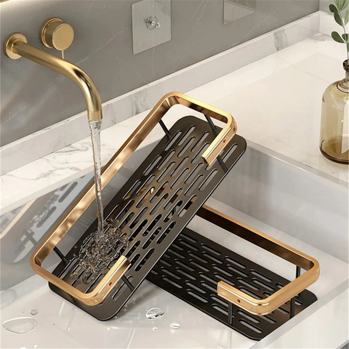 Punch-Free Aluminum Storage Rack Bathroom Organization Shelf, Wide Edge Single Layer Rectangular - Black+Gold - 6