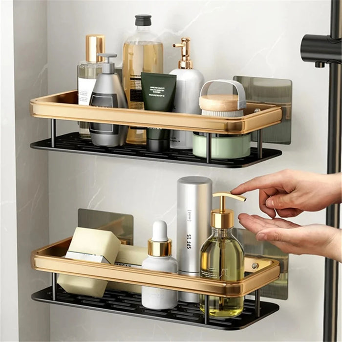 Punch-Free Aluminum Storage Rack Bathroom Organization Shelf, Wide Edge Single Layer Rectangular - Black+Gold - 7