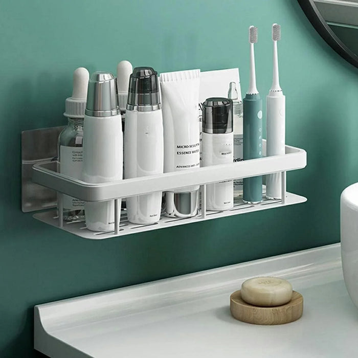 Punch-Free Aluminum Storage Rack Bathroom Organization Shelf, Wide Edge Single Layer Rectangular - Silver - 2