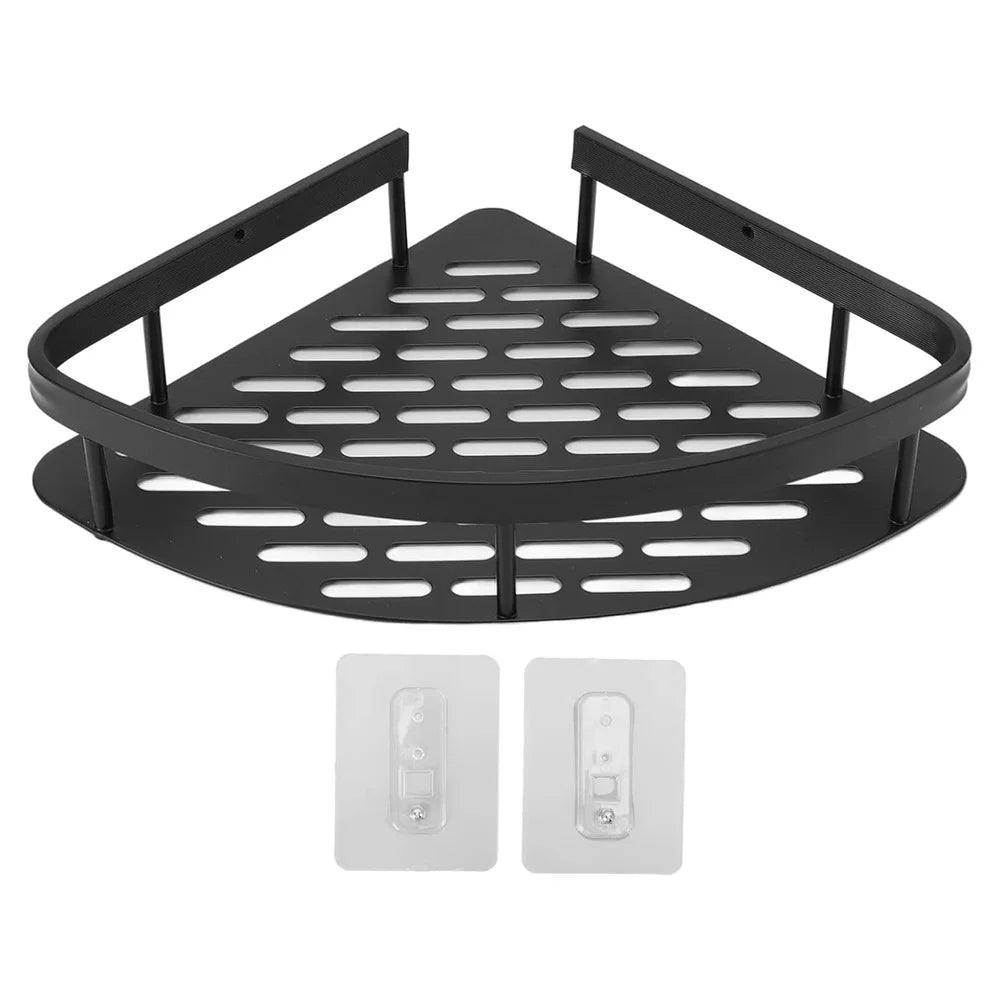 Punch-Free Aluminum Storage Rack Bathroom Organization Shelf, Wide Edge Single Layer Triangle - Black - 1