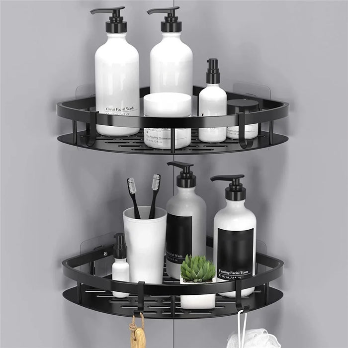 Punch-Free Aluminum Storage Rack Bathroom Organization Shelf, Wide Edge Single Layer Triangle - Black - 2