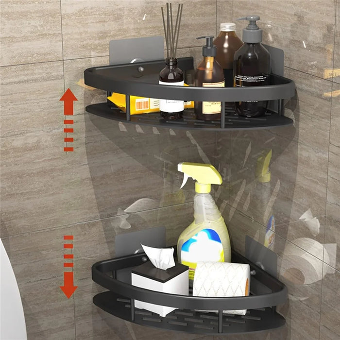 Punch-Free Aluminum Storage Rack Bathroom Organization Shelf, Wide Edge Single Layer Triangle - Black - 3