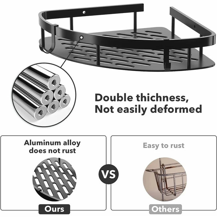 Punch-Free Aluminum Storage Rack Bathroom Organization Shelf, Wide Edge Single Layer Triangle - Black - 6
