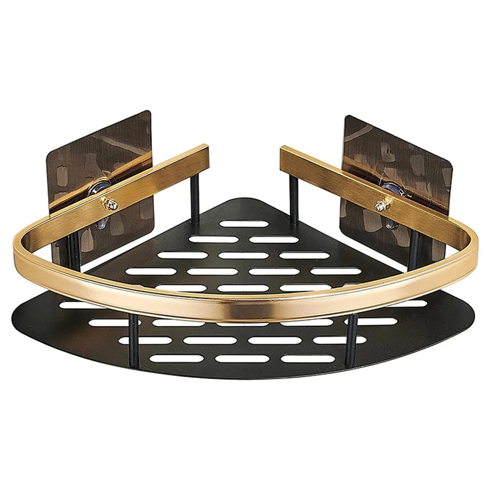 Punch-Free Aluminum Storage Rack Bathroom Organization Shelf, Wide Edge Single Layer Triangle - Black+Gold - 1