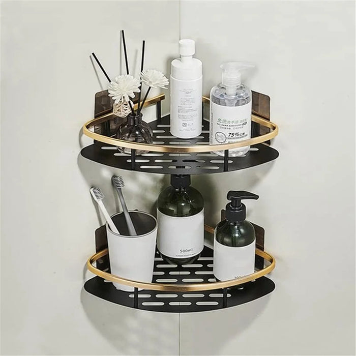 Punch-Free Aluminum Storage Rack Bathroom Organization Shelf, Wide Edge Single Layer Triangle - Black+Gold - 2