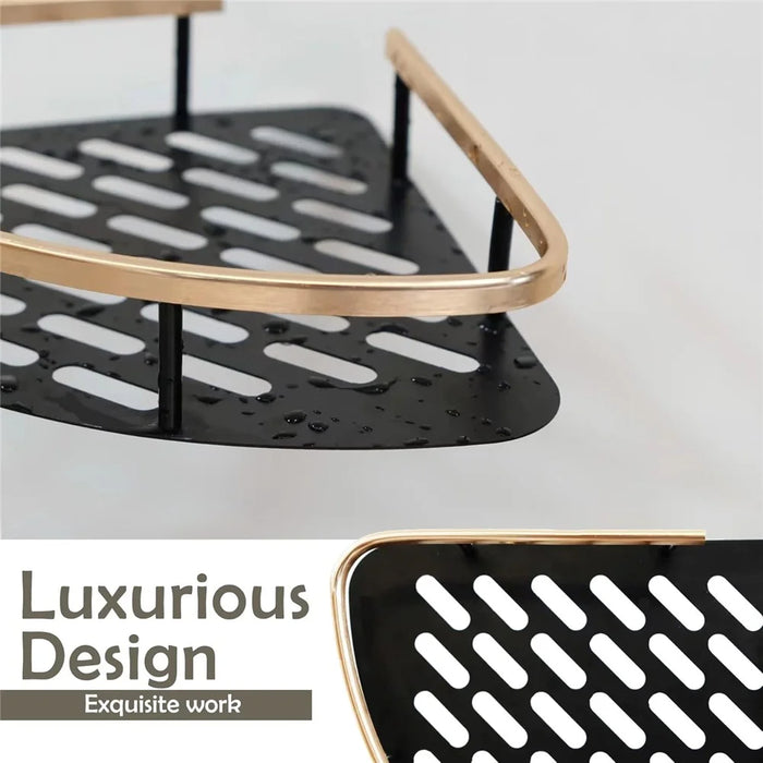 Punch-Free Aluminum Storage Rack Bathroom Organization Shelf, Wide Edge Single Layer Triangle - Black+Gold - 6