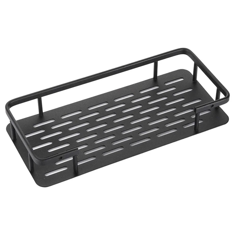 Punch-Free Aluminum Storage Rack Bathroom Organization Shelf, Narrow Edge Single Layer Rectangular - Black - 1