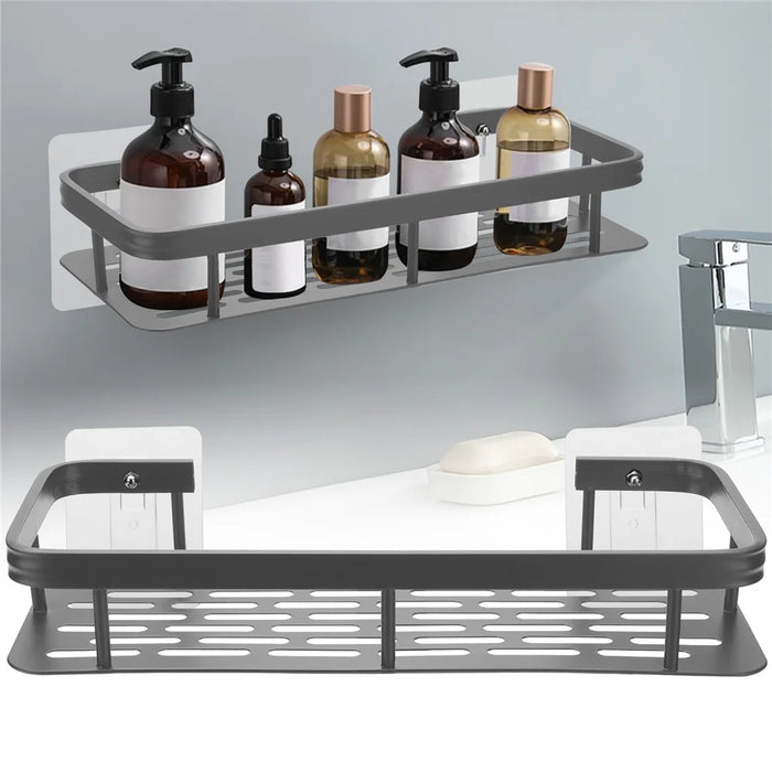 Punch-Free Aluminum Storage Rack Bathroom Organization Shelf, Narrow Edge Single Layer Rectangular - Black - 2