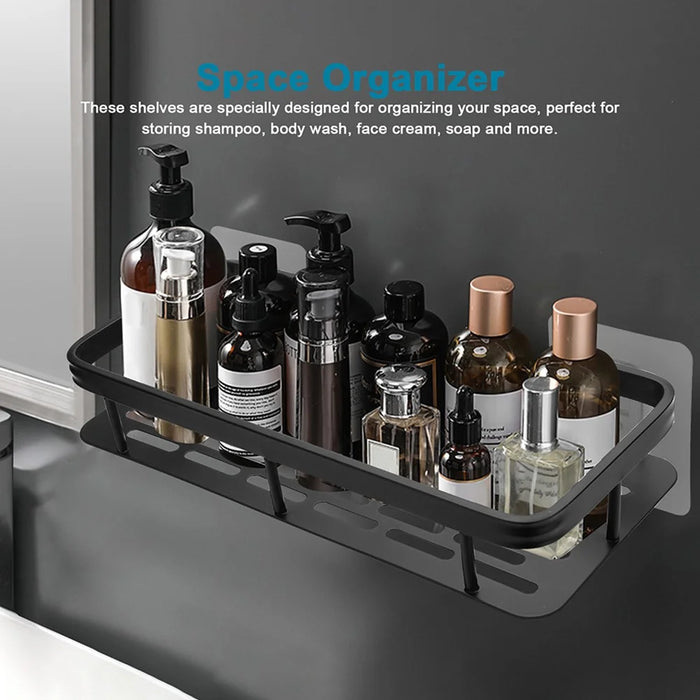 Punch-Free Aluminum Storage Rack Bathroom Organization Shelf, Narrow Edge Single Layer Rectangular - Black - 3