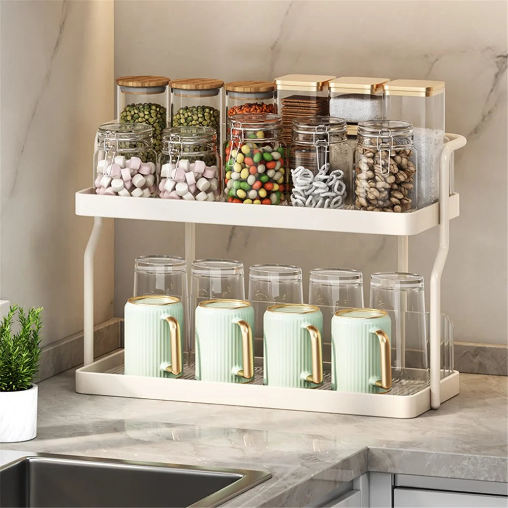 Dual Layer Kitchen Spice Cup Rack Countertop Wall Mounted Carbon Steel Storage Rack - 2